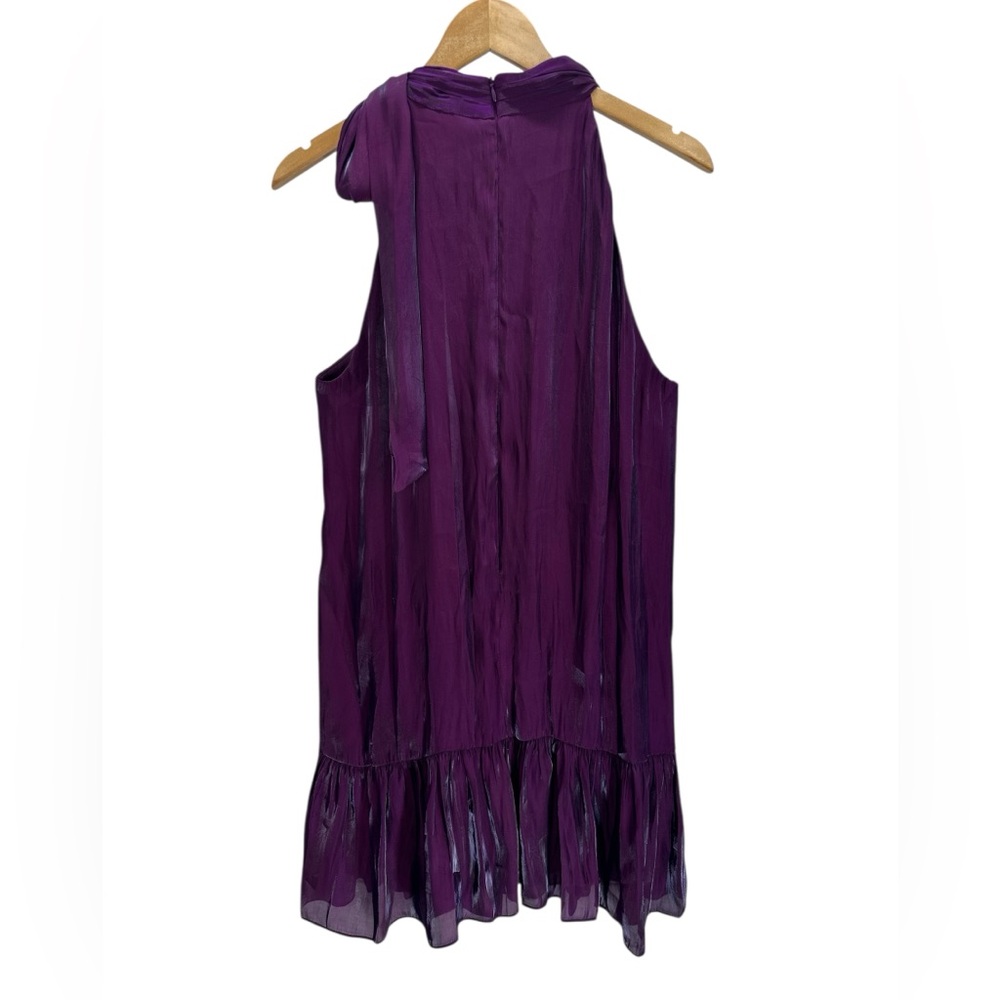 Anne Klein Iridescent Tiered Shift Dress Bow Tie Neck Party Cocktail Purple Bloo - Picture 5 of 15